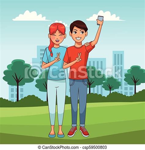 Teens With Smartphones Cartoons Teens Couple With Smartphones At Park