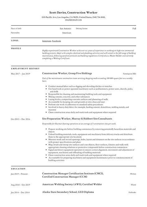 Construction Worker Resume And Writing Guide 12 Templates 2019