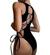 Lilosy Sexy Tie Criss Cross Plunge One Piece Thong Swimsuit High Cut Brazilian Bathing Suit At