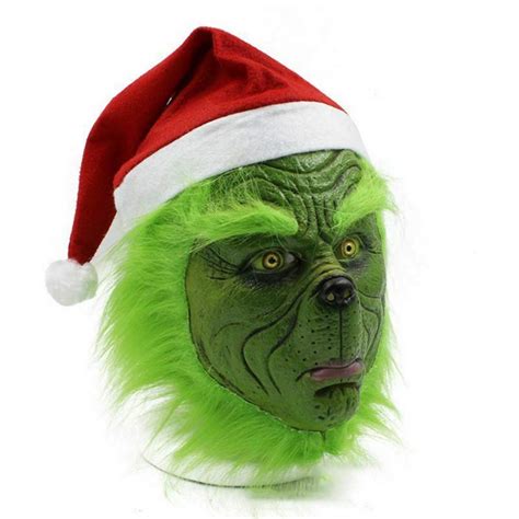 Ochine Grinch Mask With Red Santa Hat Latex Full Face Mask Costume