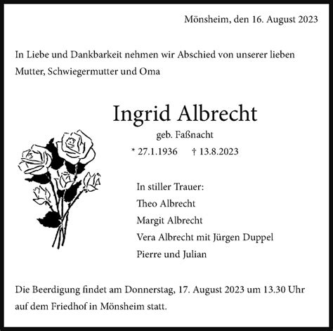 Traueranzeigen Von Ingrid Albrecht Trauerforum Altkreisde