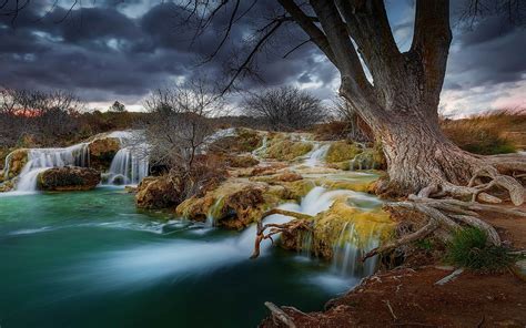 Nature Landscape Waterfall Trees Pond Shrubs Clouds Roots Sky