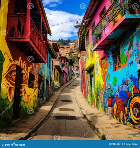 Colorful Street In Hidden Neighborhood In Medellin Colombia Stock