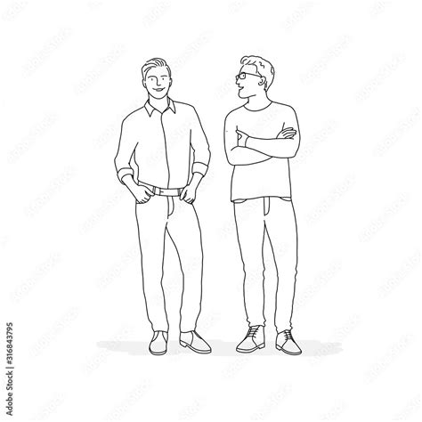 Two People Standing Next To Each Other Line Drawing Vector Illustration Stock Vector Adobe Stock