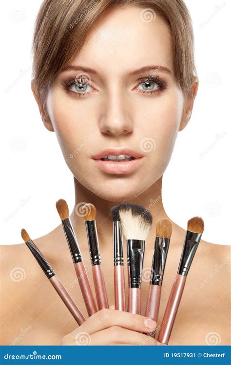 Beautiful Woman Holding Makeup Brushes Set Stock Image Image Of