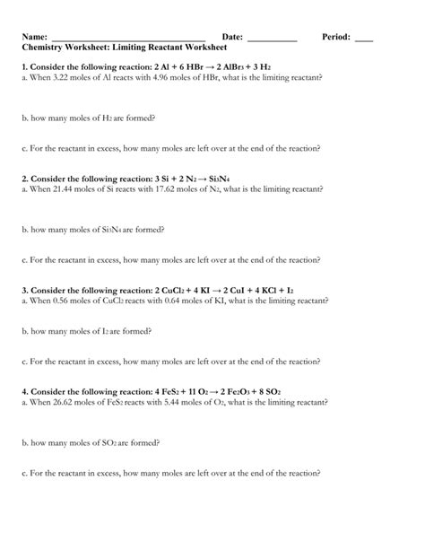 Limiting Reactant Worksheet With Answers