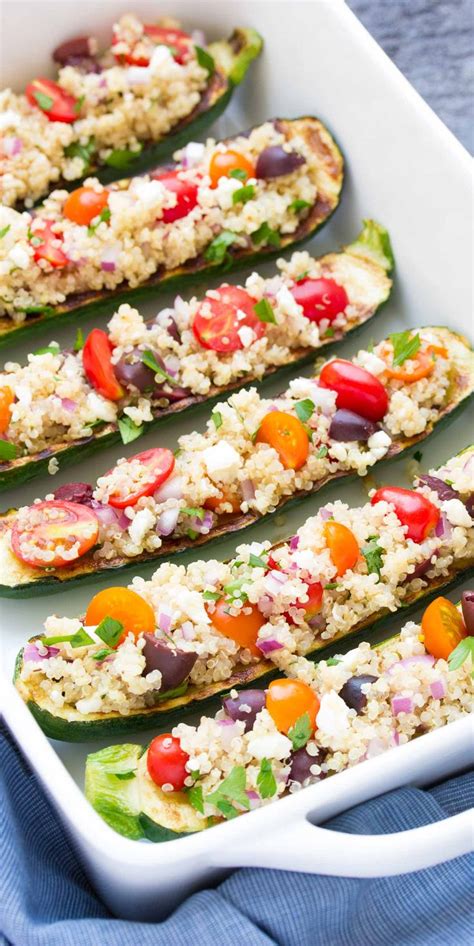 I love working with zucchini! Greek Quinoa Grilled Zucchini Boats, with olives, tomatoes ...