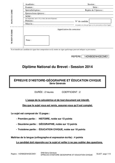 Sujet Brevet Des Collèges 2014 Histoire Géographie Nouvelles Histoire