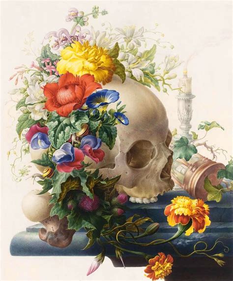 Skull Vintage Floral Flowers Vanitas Art Skull Art