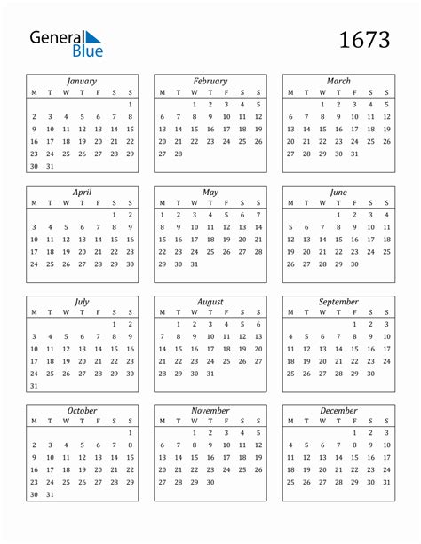 1673 Blank Yearly Calendar Printable