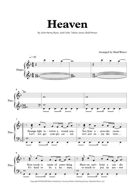 Heaven Arr Mark Waters Sheet Music Niall Horan Piano And Vocal