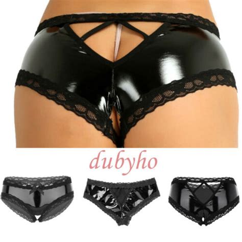 Uk Women S Pvc Leather Wet Look Open Crotch Latex Bikini Briefs