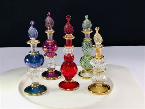 Set Of 5 Egyptian Hand Blown Glass Perfume Bottles Gold Etsy