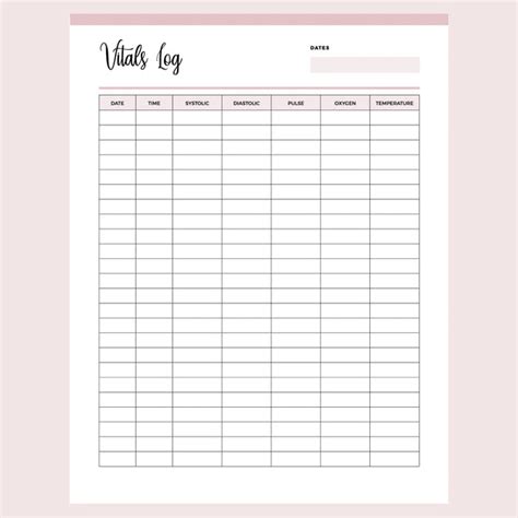 Printable Vital Signs Log Instant Download Pdf A4 And Us Letter