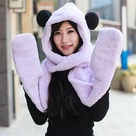 Womens Panda Hat Fur Hood Scarf Mens Hat Ear Flaps Hand Pockets Hat