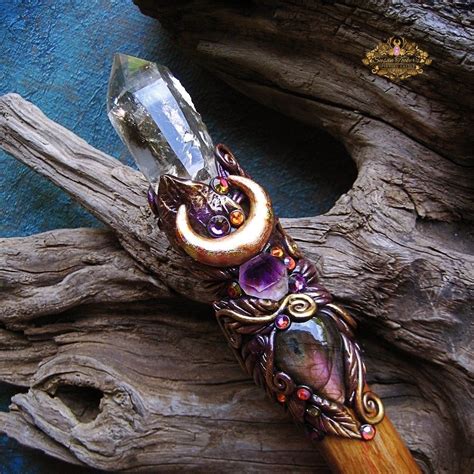 high priestess smoky quartz magic crystal wand purple labradorite amethyst pagan altar art