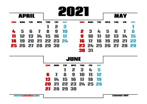 Free April May June 2021 Calendar Printable 214663