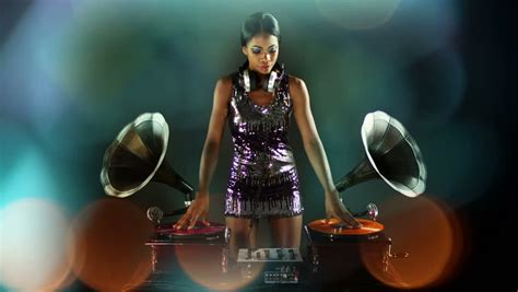 Sexy Young Woman Djs Using Two Retro Antique Gramophones Cool And Quirky Concept Clip This Is