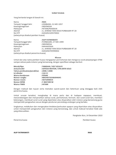 Surat Kuasa Perpanjang Stnk Pdf