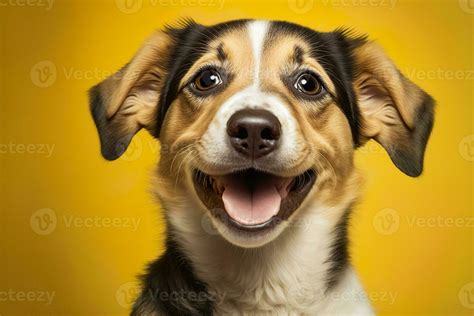 Happy Puppy Dog Smiling Isolated On Isolated Yellow Background