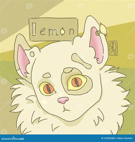 Furry Cat Lemon Digital Artwork Portrait Stock Illustration