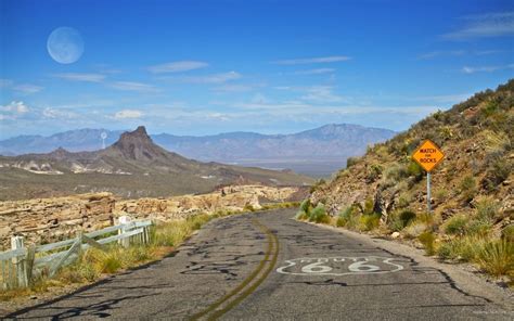 Route 66 Road In A Distance Of A Moon View At Daytime Free Image Peakpx