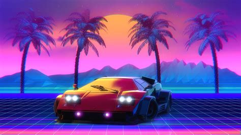 Lamborghini With Neon Lights With Background Of Trees Mountain And Sky