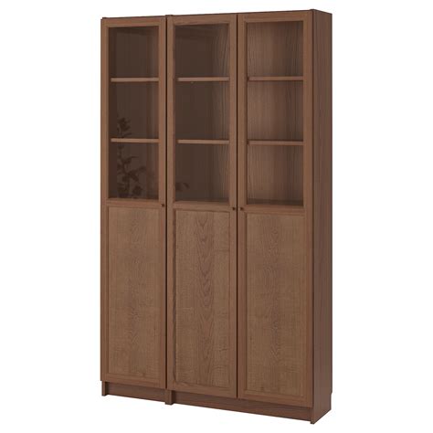 Billy Oxberg Bookcase With Panelglass Doors Brown Ash Veneer Glass