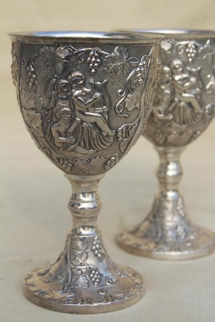 Pair Ornate Wedding Cup Goblets W Cherub Angels Vintage Silver Plate Wine Glasses