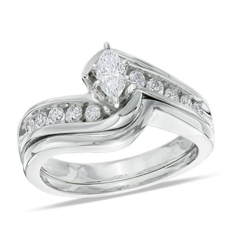 1.3 mm and 1.6 mm.diamonds parameters: 1/2 CT. T.W. Marquise Diamond Bypass Bridal Set in 14K ...