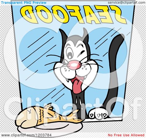Cartoon Of A Hungry Cat Drooling Over A Fish In A Seafood Store Window