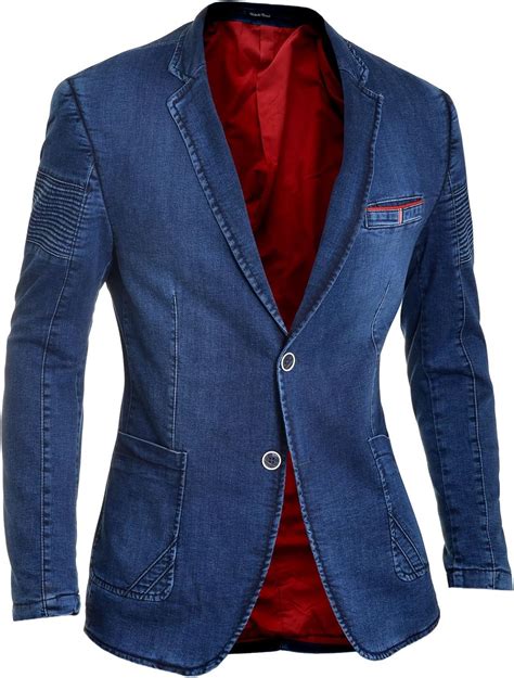 Mens Casual Denim Blazer Jacket Dark Blue Red Finish Slim Fit Soft