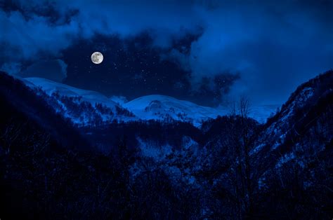 Majestic Winter Night In A Mountain Valley With Full Moon In A Starry Sky Stock Photo Download