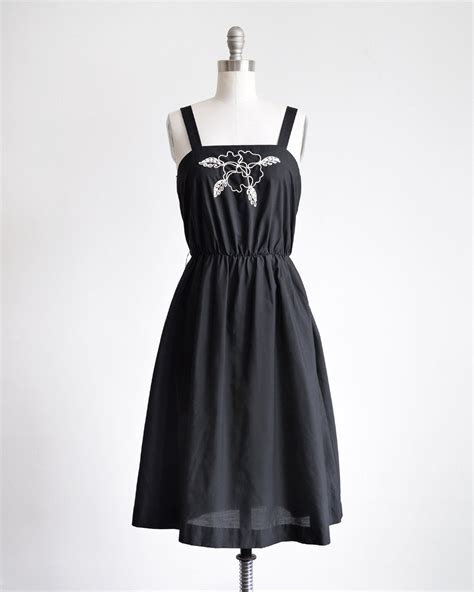 Vintage 70s Black Sundress 1970s Embroidered Hibiscus Dress Etsy