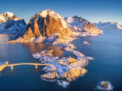 Aerial View Of Hamnoy At Sunrise In Winter Lofoten Islands Stock Image