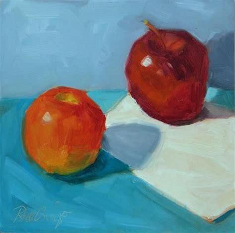 An Oil Painting Of Two Apples On A Table