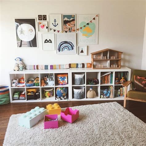 Play Area With Two 2x4 Ikea Kallax Shelves Soft Rug Reading Chair