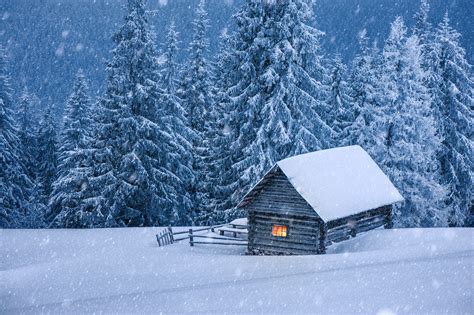 Nature Hut Forest Snow Winter Trees Cabin Wallpaper 6810x4530