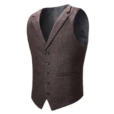 Voboom Wool Blend Tweed Herringbone Vest Coat Men Coffee Brown Single