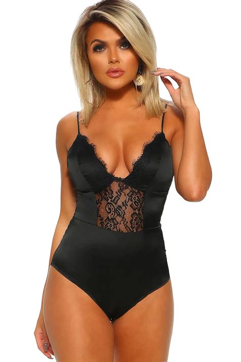 Touch Of Glamour Black Satin Lace Detail Bodysuit Black Lace Bodysuit Womens Bodysuit Trendy