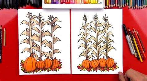 How To Draw Autumn Corn Stalks And Pumpkins Harvest Art For Kids