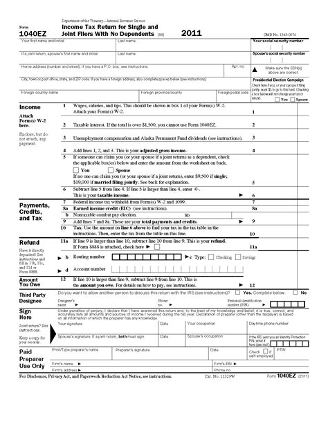 Form 1040 Ez Income Tax Return For Single And Joint Filers With No