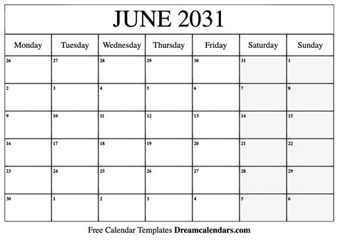 June 2031 Calendar Free Blank Printable With Holidays
