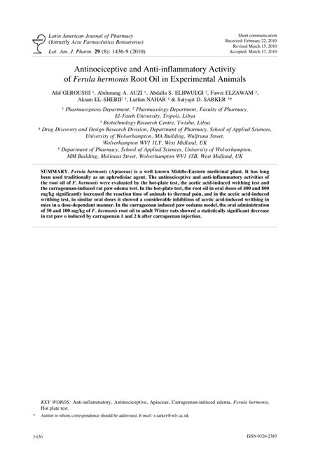 Pdf Antinociceptive And Anti Inflammatory Activity Of Ferula Hermonis