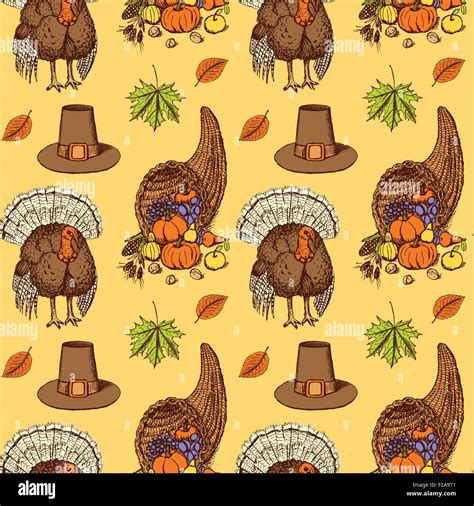 Sketch Thanksgiving Seamless Pattern In Vintage Style Vector Stock