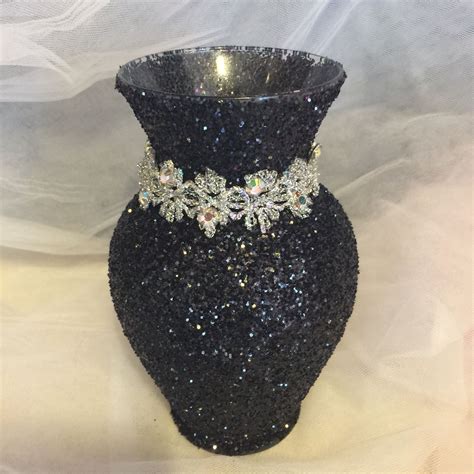 Black Glitter Vase With Silver Lace With Rhinestone Glitter Vases