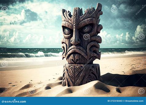 Ancient Idols Totem Tiki Mask On Beach Stock Illustration Illustration Of Island Vintage