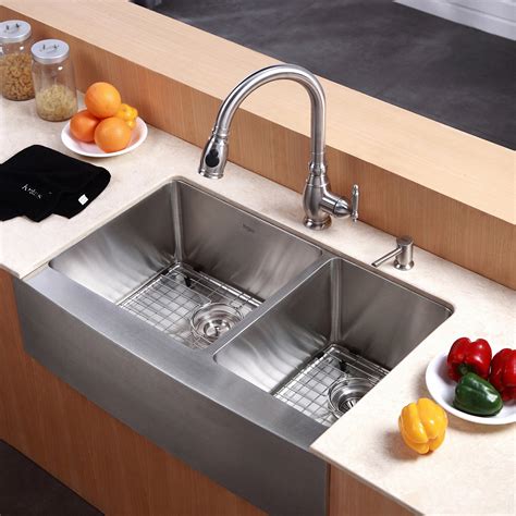 Kraus double bowl kitchen sink suits in a modern kitchen and the double bowl provides a lifetime functionality. Kraus Farmhouse 33" 60/40 Double Bowl Kitchen Sink ...