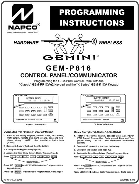 Napco Gemini Gem P816 Programming Instructions Manual Pdf Download