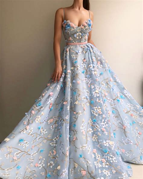 Gorgeous Light Blue Long Embroidery Princess Prom Dresses